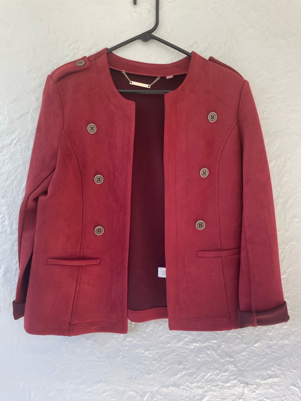 Tahari Faux Suede Women’s Military Style Open Front Rich Wine Color Blazer sz 10
